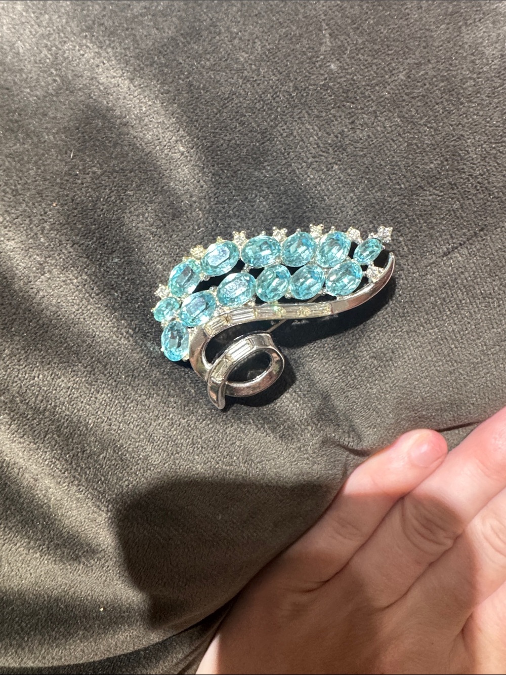 Trifari Aquamarine Blue Crystal Feather-Style Brooch